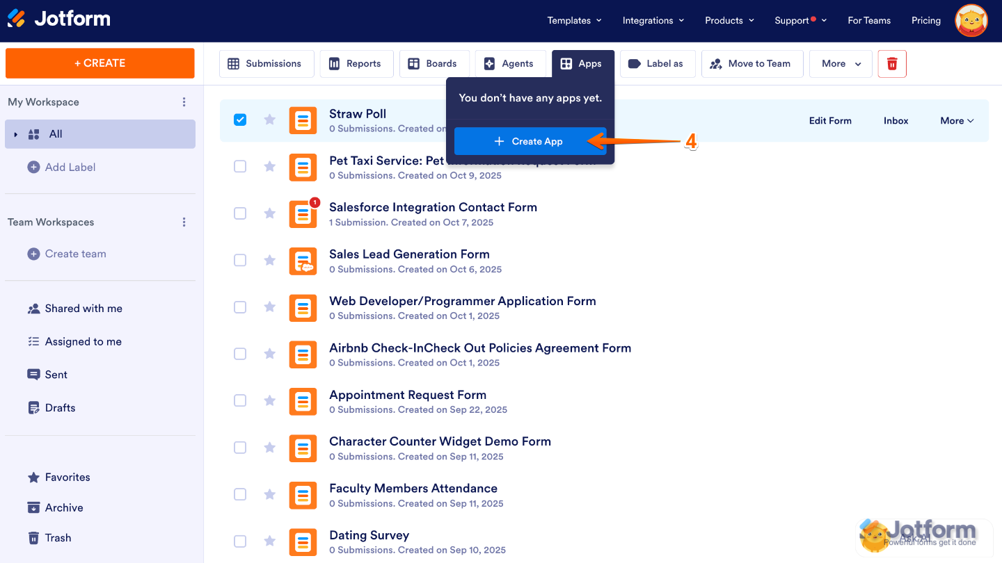 Clicking on the + Create App option from the Apps dropdown menu in Jotform to start building a new app