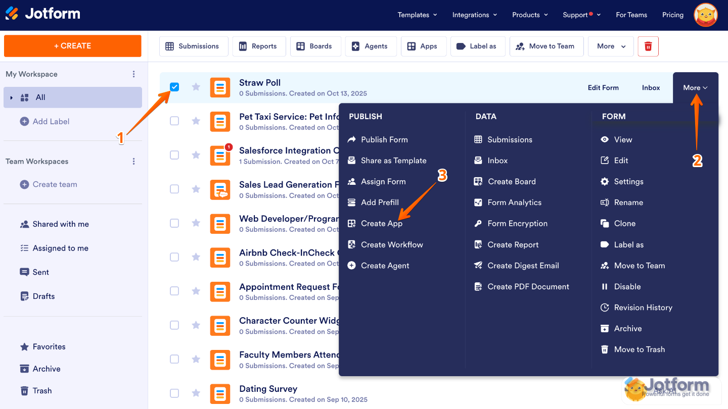 Selecting a form and clicking on More to access the Create App option under the Publish column in Jotform