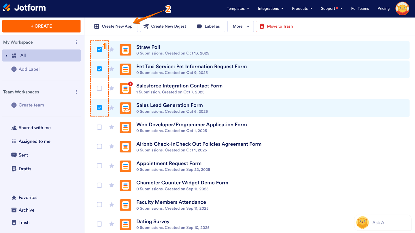 Selecting multiple forms in Jotform Workspace and clicking Create New App from the top menu