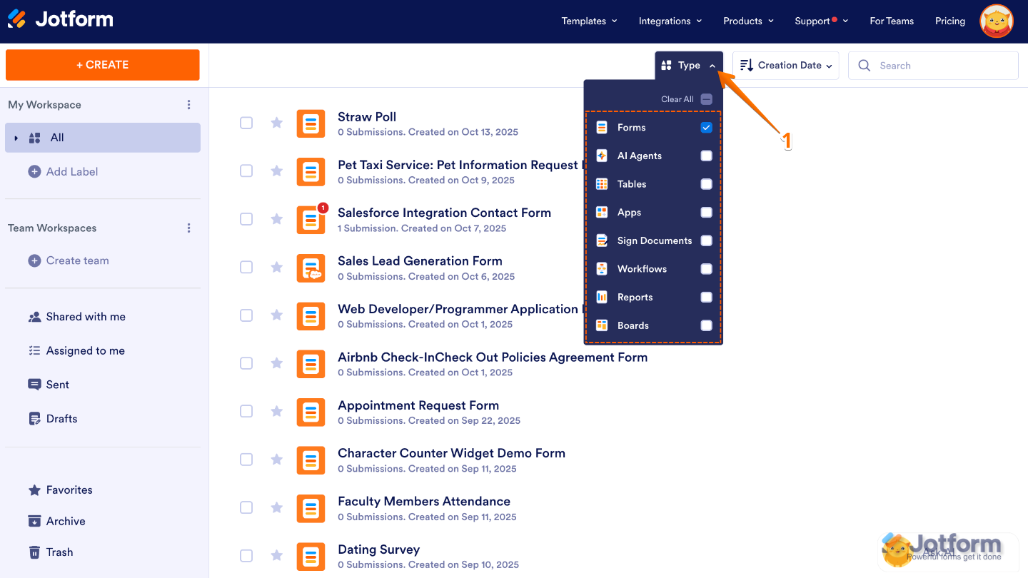 Jotform Workspace page showing the Type dropdown menu with only Forms selected to filter visible assets