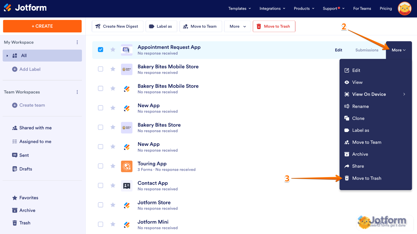 Hovering over an app in Jotform Workspace and selecting Move to Trash from the More dropdown menu