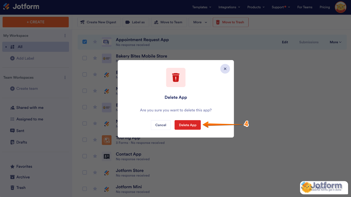 Confirmation window in Jotform showing the Delete App button to permanently remove an app