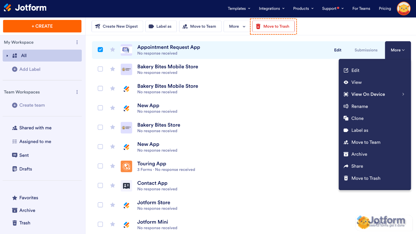 Jotform Workspace interface showing Move to Trash selected from the top navigation menu to remove an app
