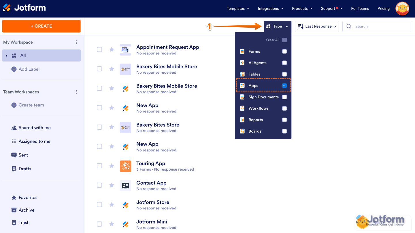 Jotform Workspace Type menu showing only Apps selected to display app projects