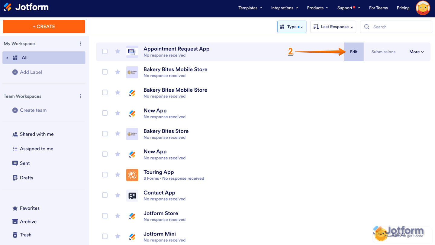 Hovering over an app in Jotform Workspace and clicking Edit to modify or disable it