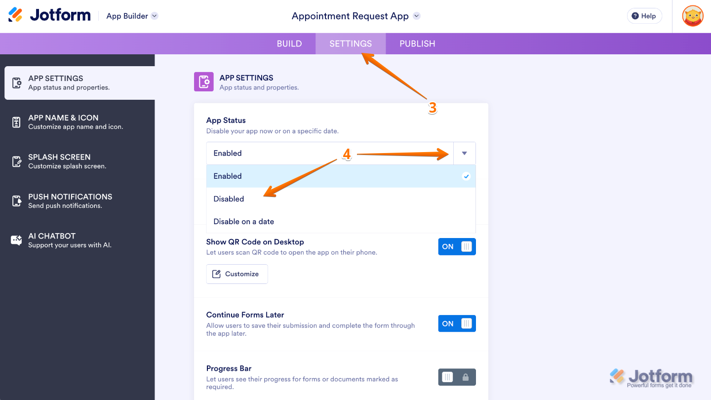 App Builder settings page with an option to disable the app in Jotform