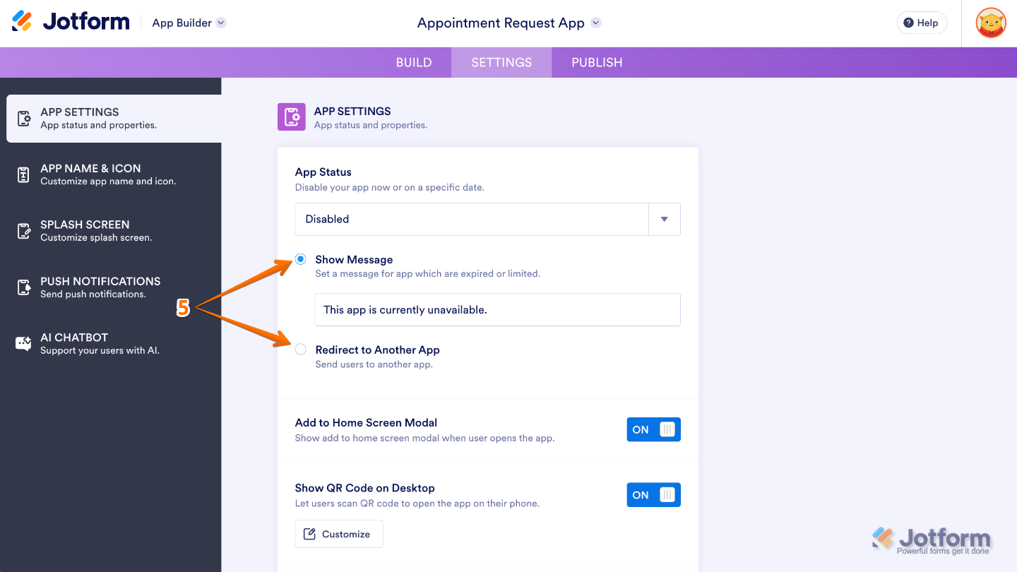Popup window with options to show a message or redirect to another app in Jotform