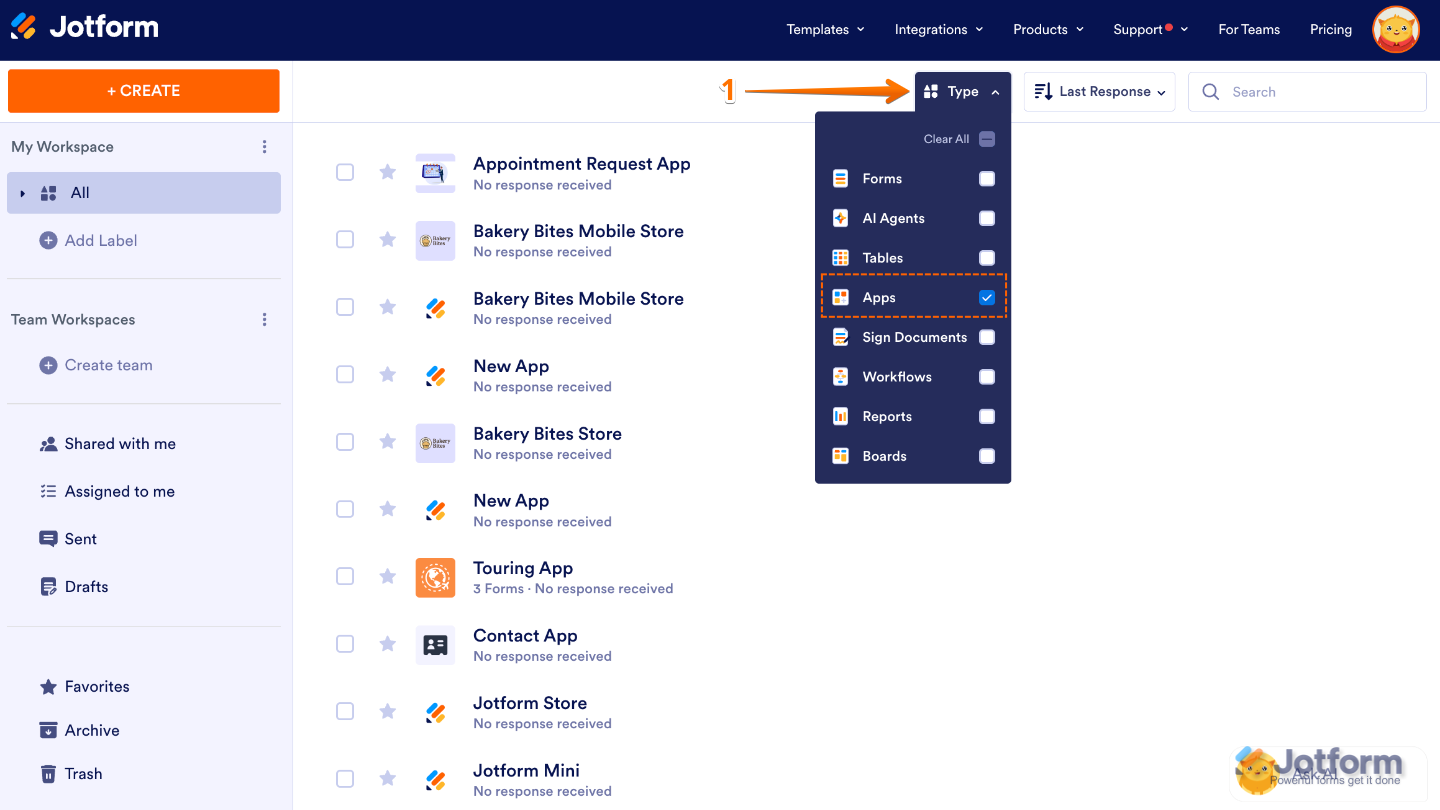 Jotform Workspace interface showing the Type menu with only the Apps filter selected