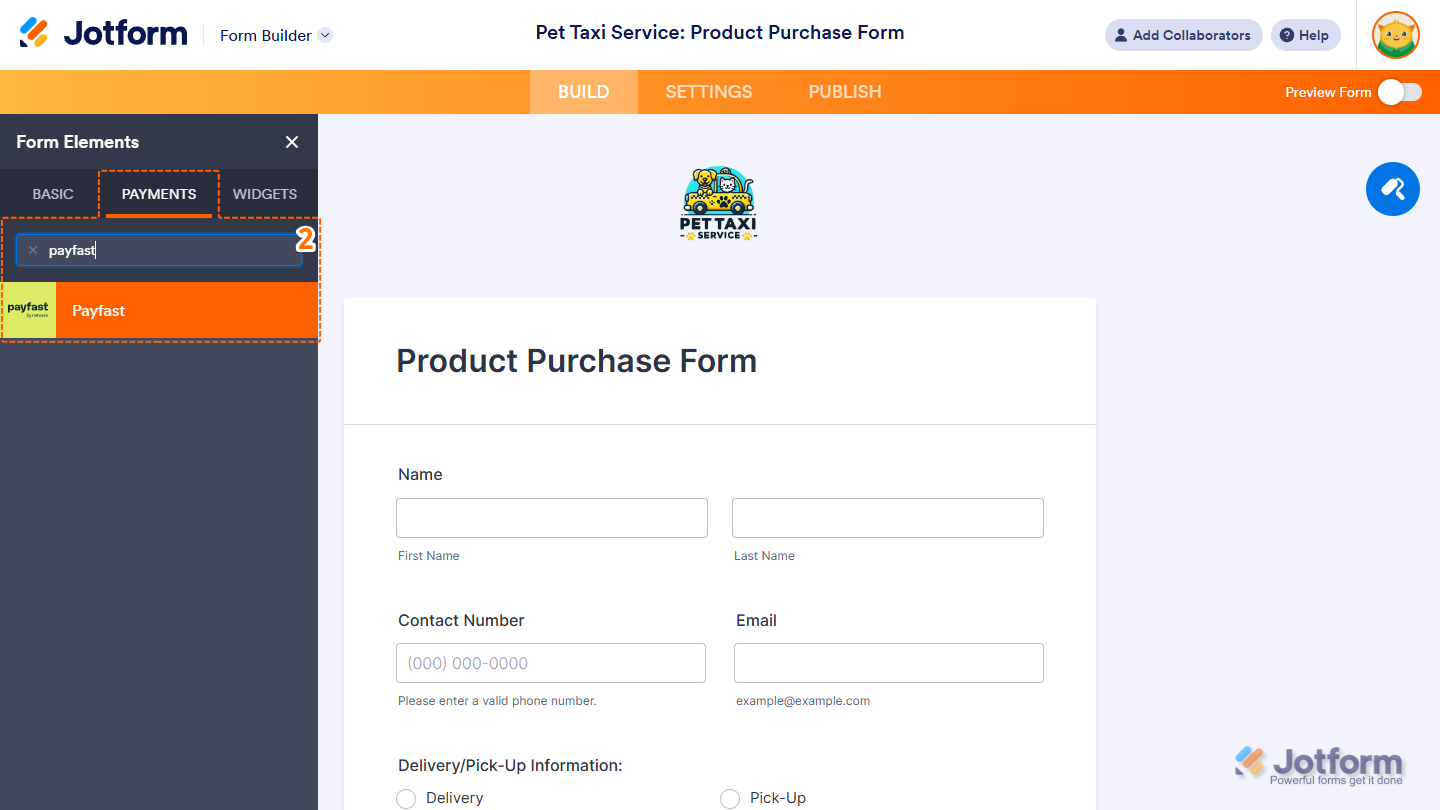 Payfast payment element under the Payments tab of the Form Elements menu in Jotform Form Builder