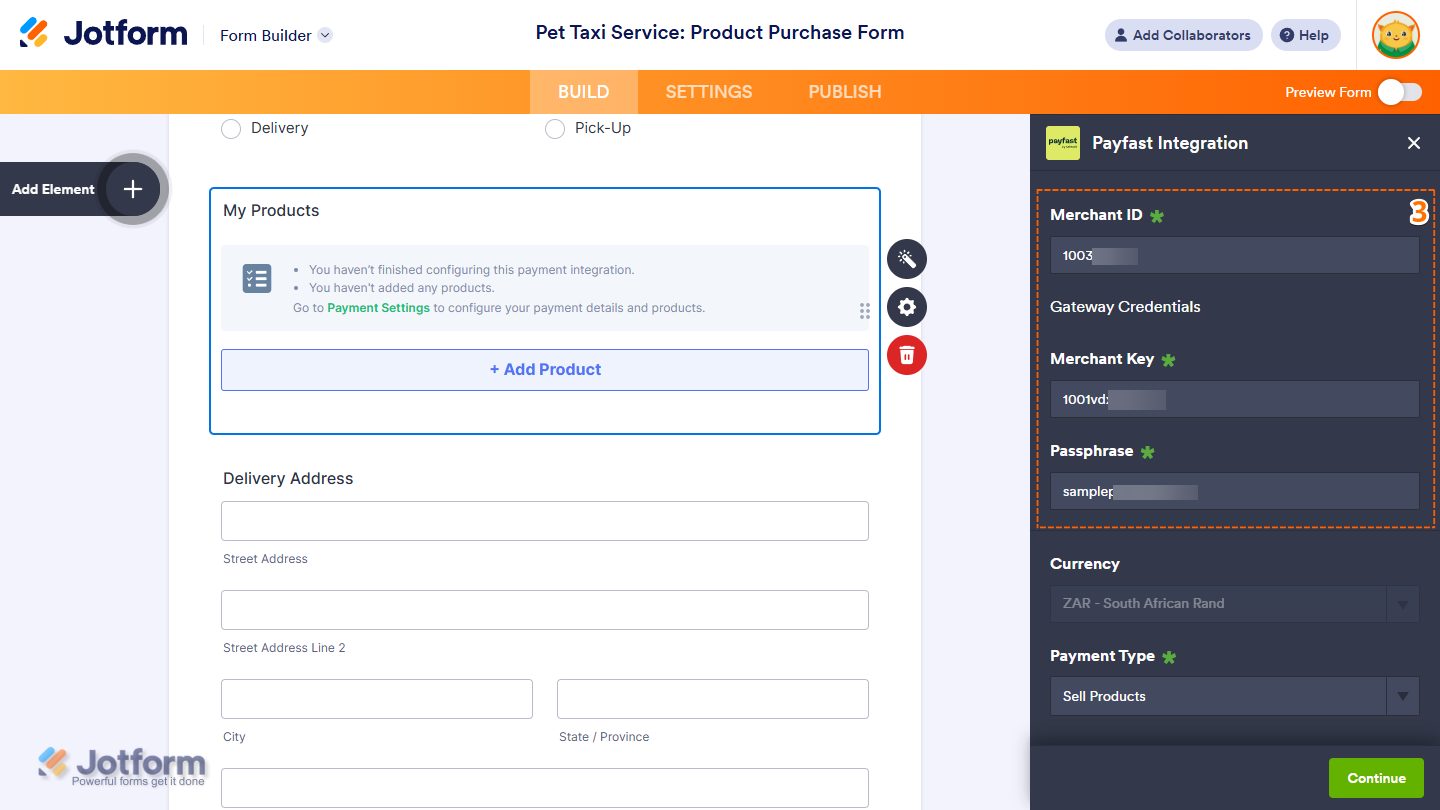 Merchant ID and Gateway Credentials  in the Payfast Integration window of the Jotform Form Builder