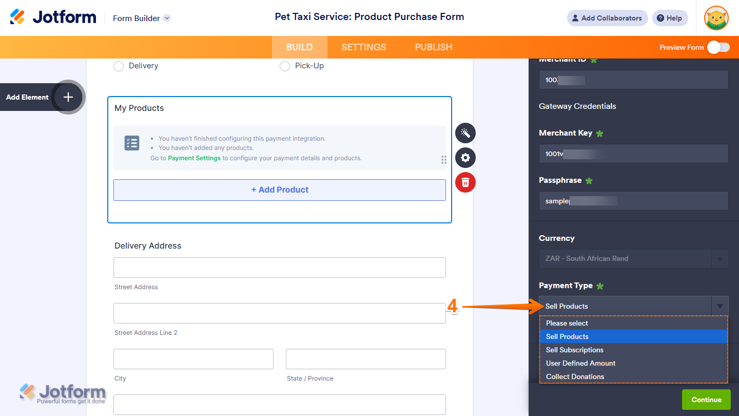 Payment Type Dropdown menu in the Payfast Integration window of the Jotform Form Builder