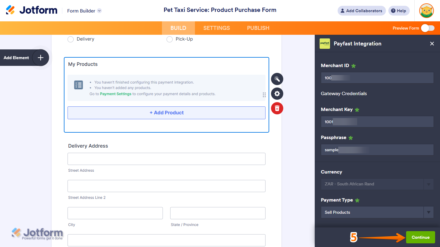 Continue button in the Payfast Integration window of the Jotform Form Builder