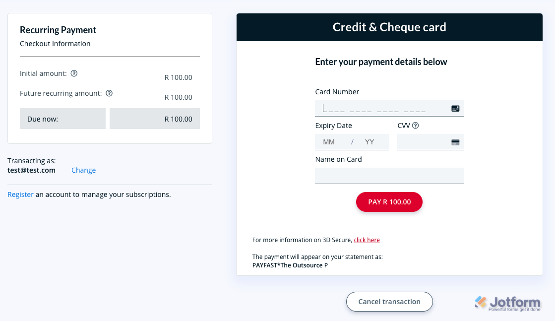 Payfast payment page for a subscription payment from a Jotform form submission