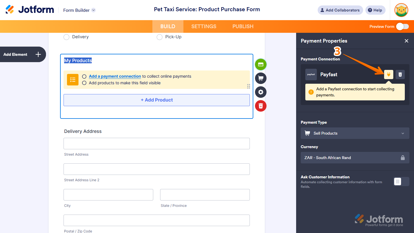 Plug icon in the Payfast Connection section of the Payment Properties window in the Jotform Form Builder