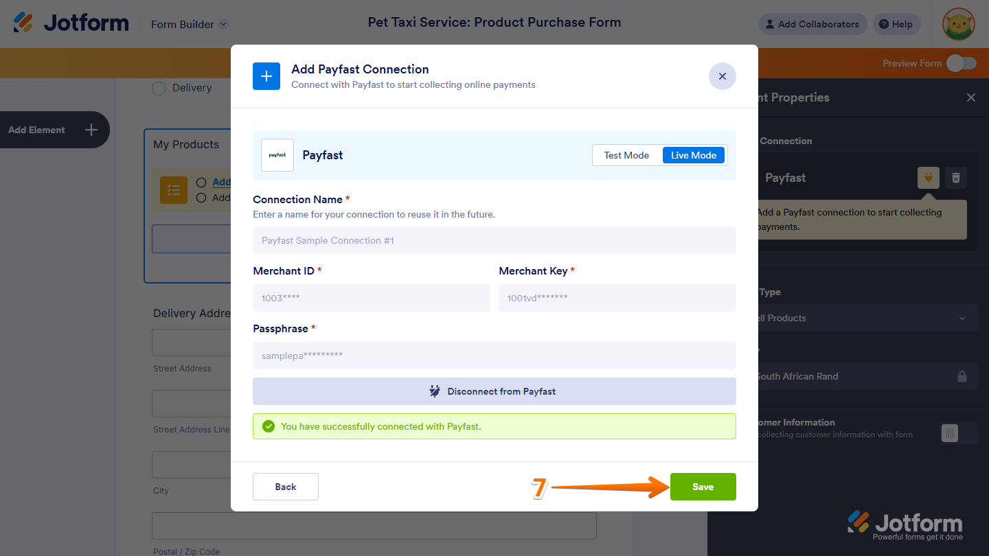 Save button in the Add Payfast Connection window in Jotform Form Builder
