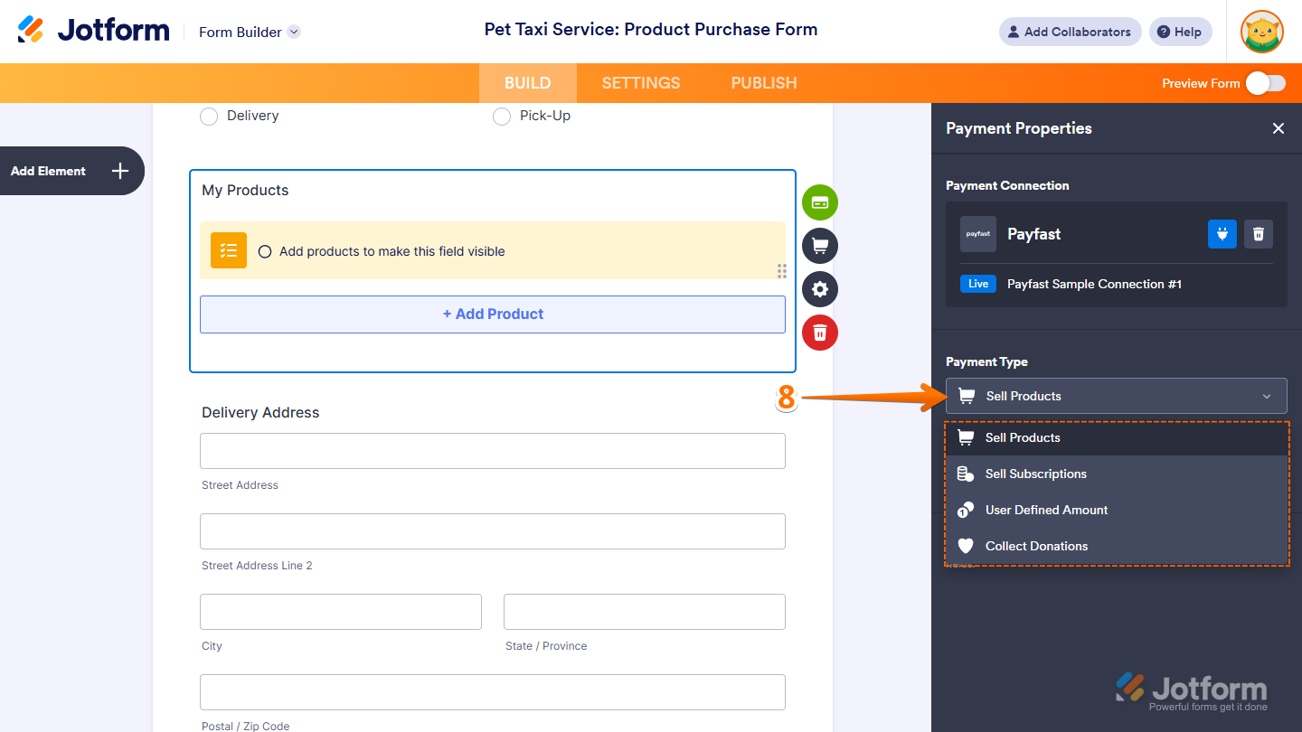 Payment Type settings in the Payfast Payment Properties window of Jotform Form Builder