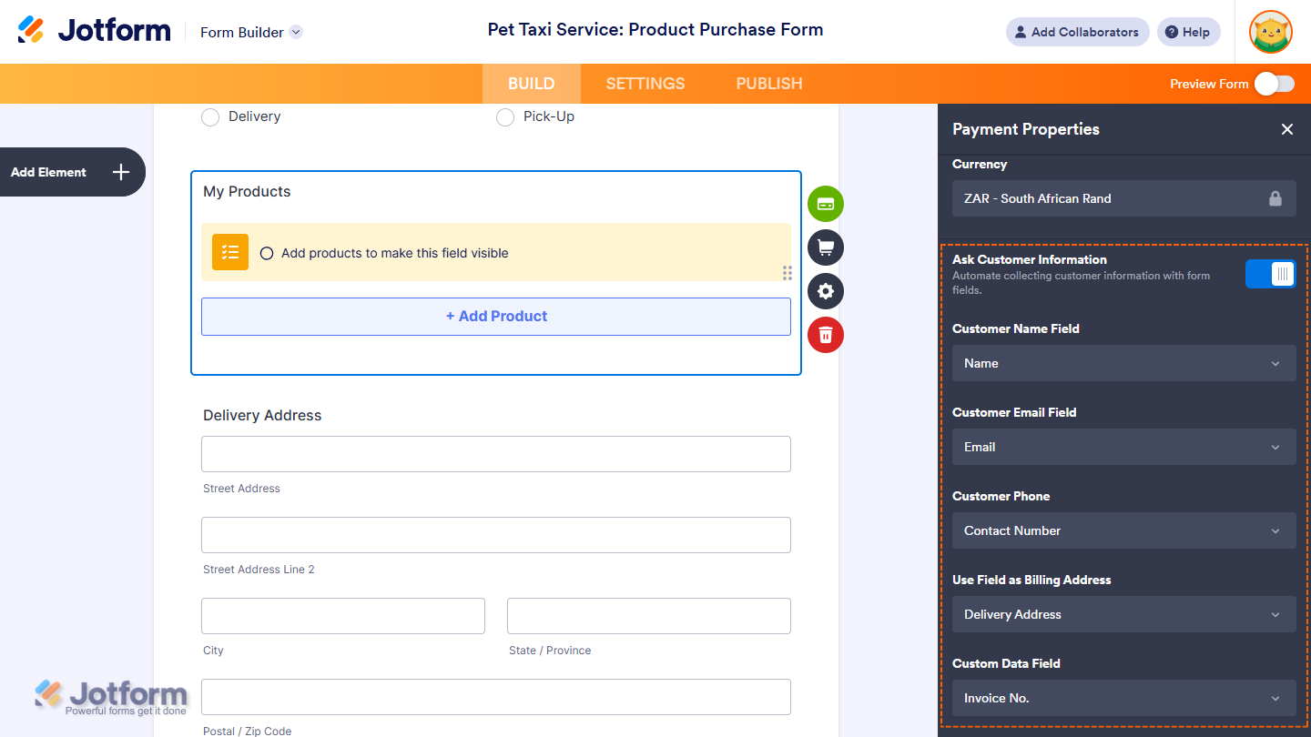 Additional Gateway settings in the Payfast Payment Properties window of Jotform Form Builder