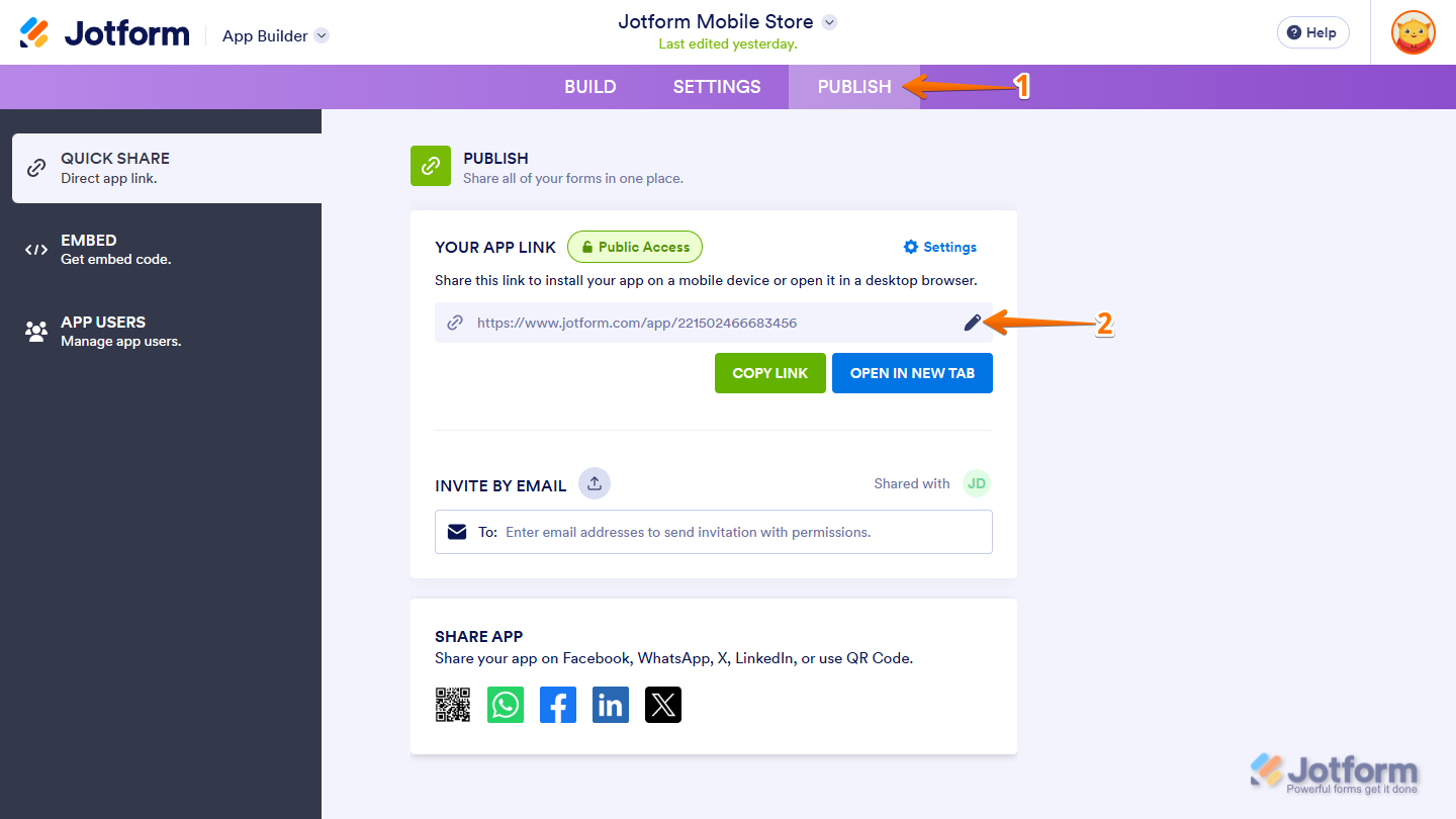 Edit URL in the Publish tab of Jotform App Builder