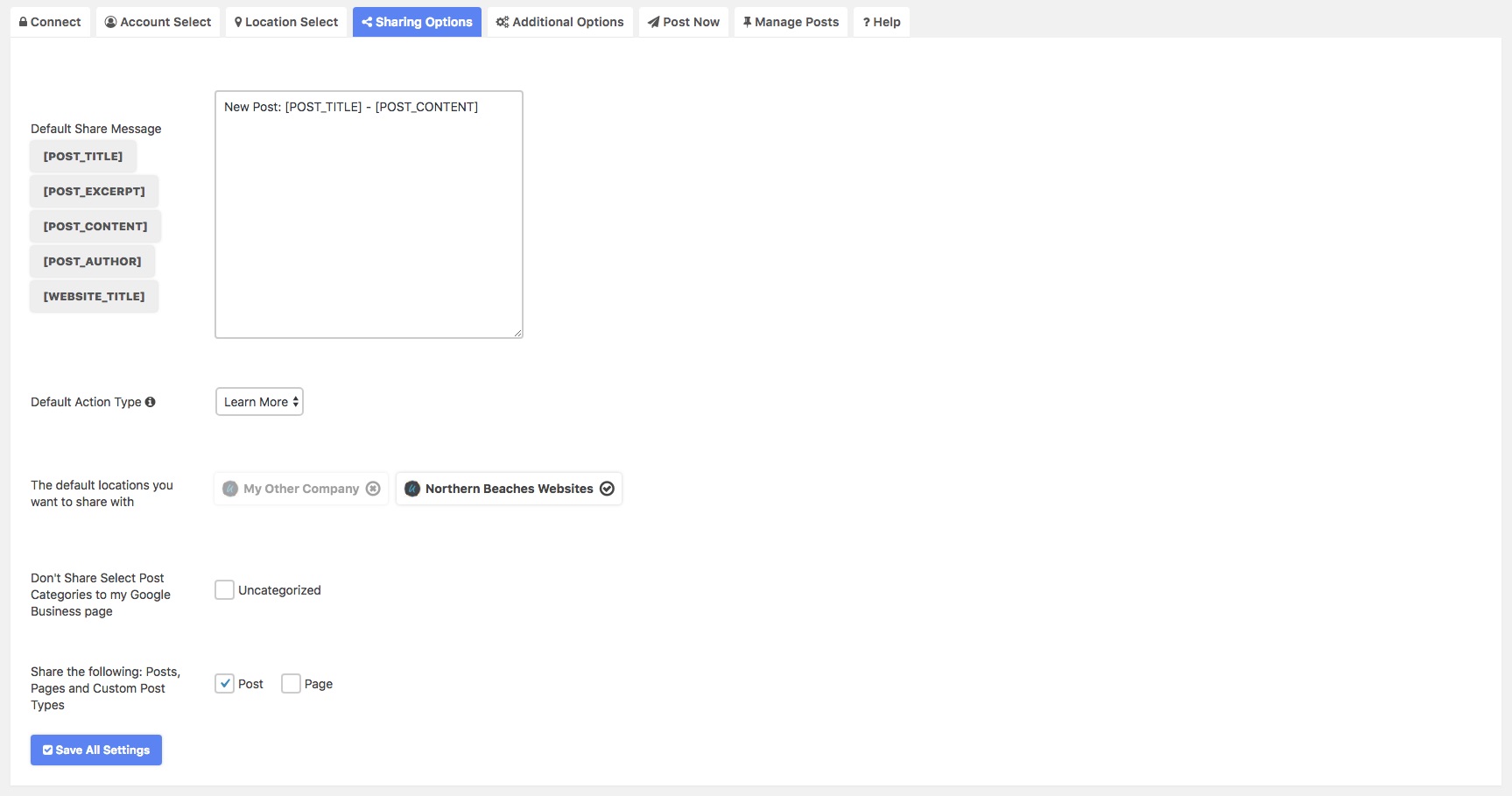 Benutzeroberfläche von Googme My Business Auto Publish