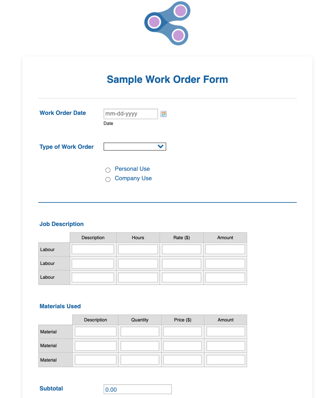 Sample Work Order Form Template