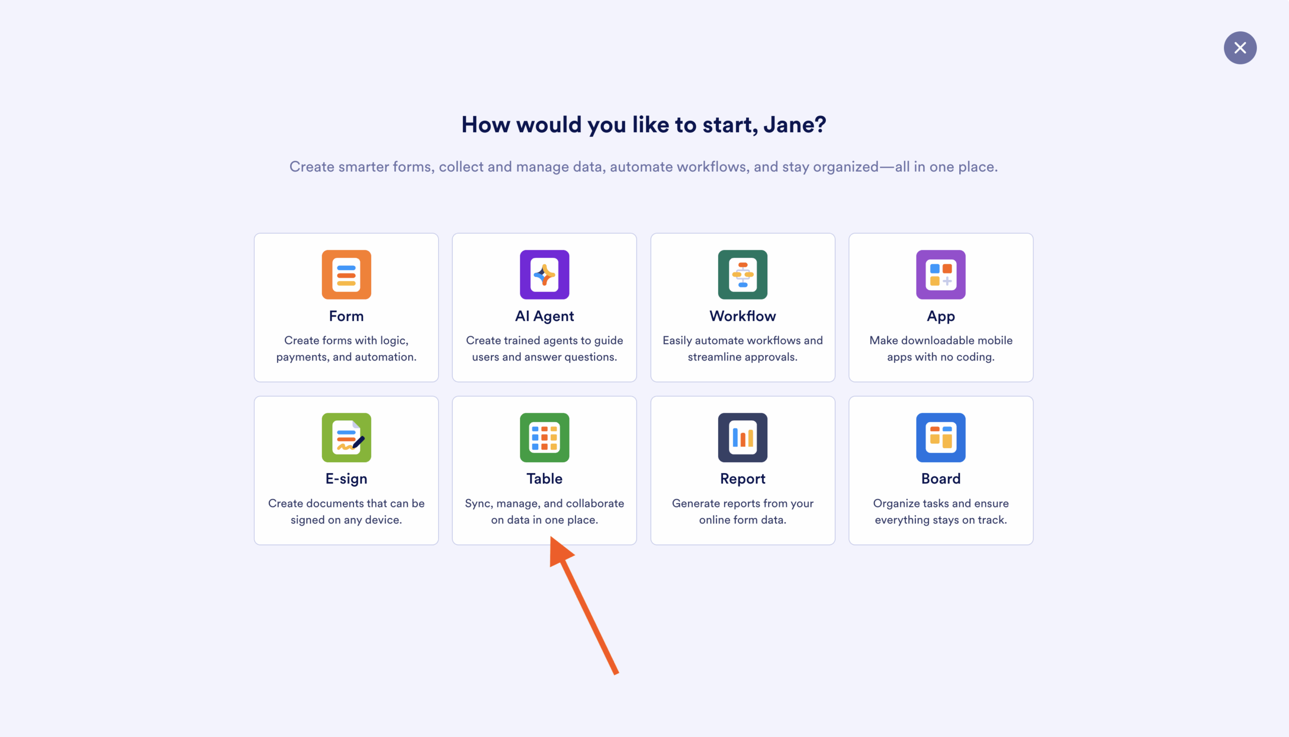 Clicking on the Table option