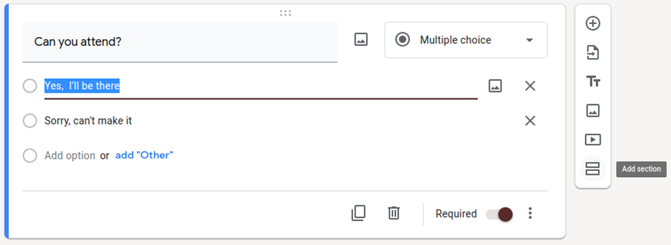 RSVP form with multiple choice options for attendance confirmation