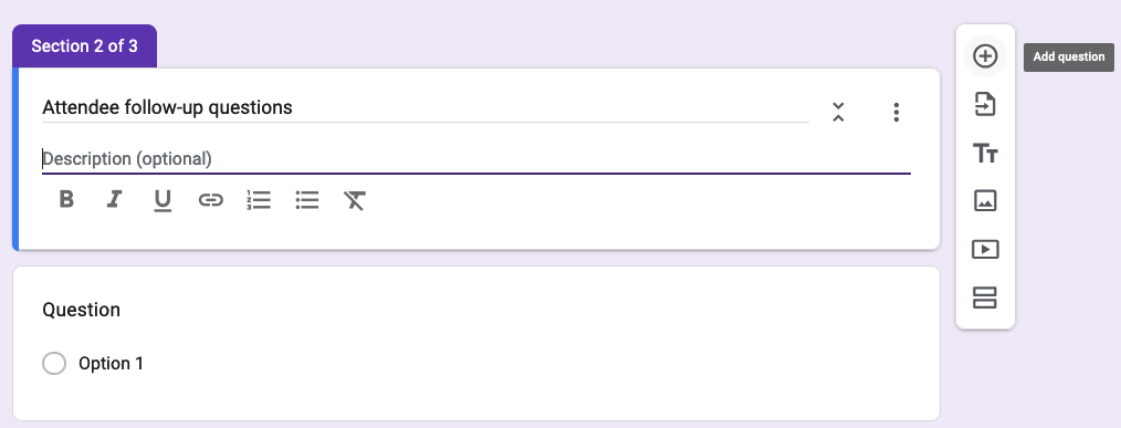 Form section for attendee follow-up questions with one multiple choice option