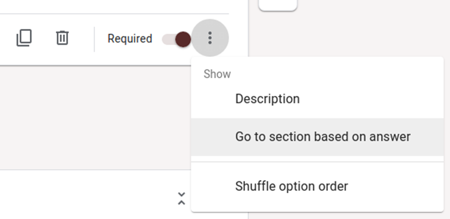 Form settings dropdown showing the option to go to a section based on the answer