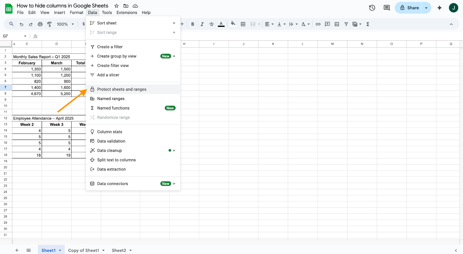 Clicking on the Protected Sheets and Ranges option under the Data options on Google Sheets