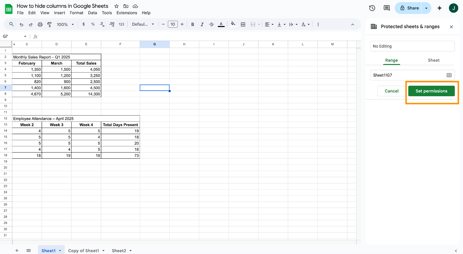 Clicking on the Set Permissions button under the Protected sheets & ranges tab
