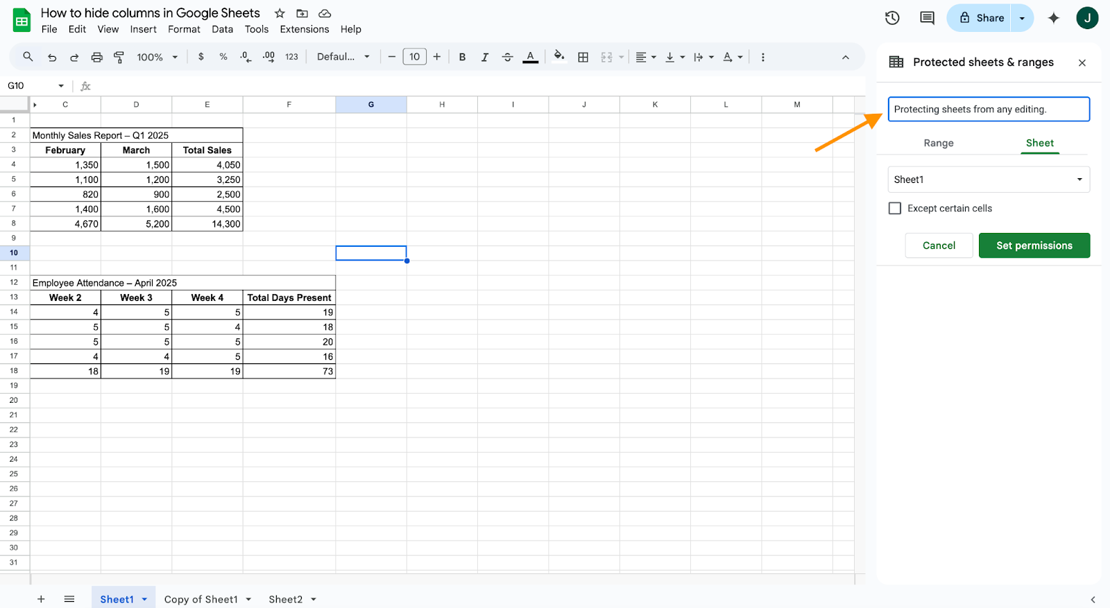 Entering Protecting sheets from any editing to the Protected Sheets and Ranges pane