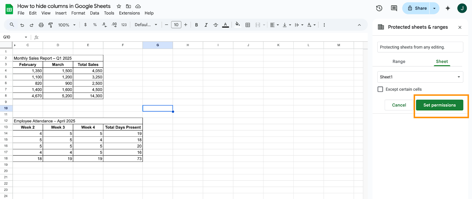 Clicking on the Set permissions button on the Protected Sheets and Ranges pane