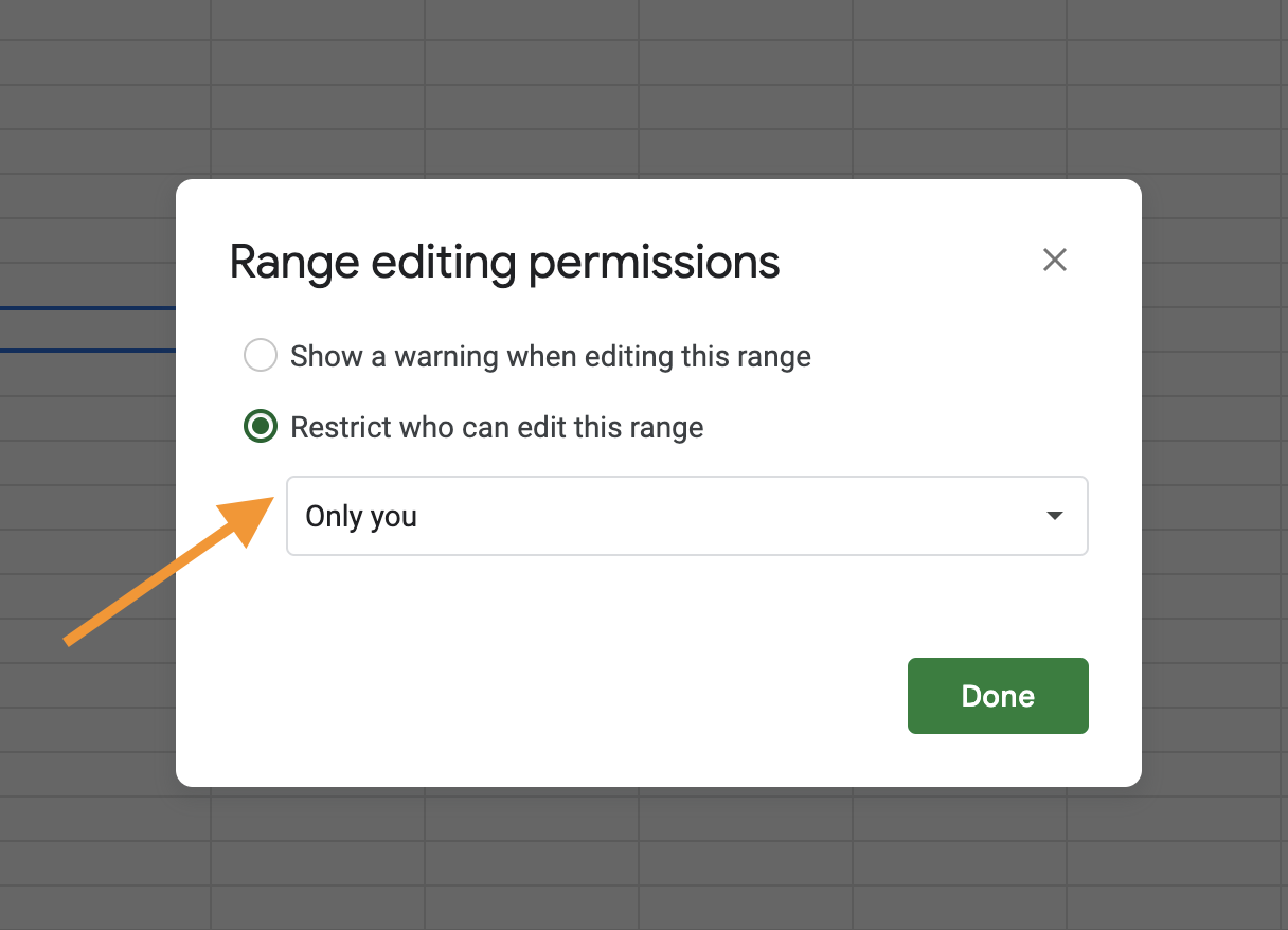 Choosing Only you option from the Range editing permissions window