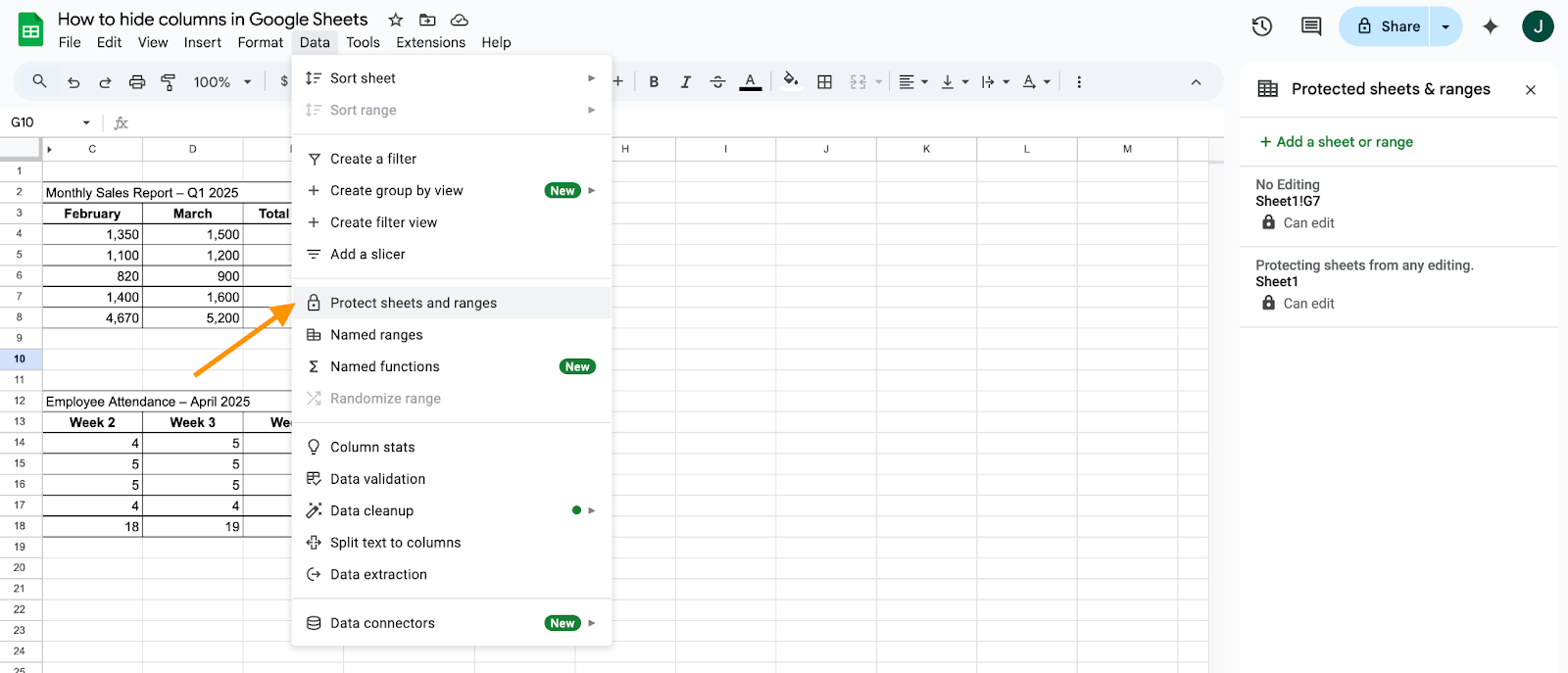 Selecting Protected sheets and ranges option on the dropdown