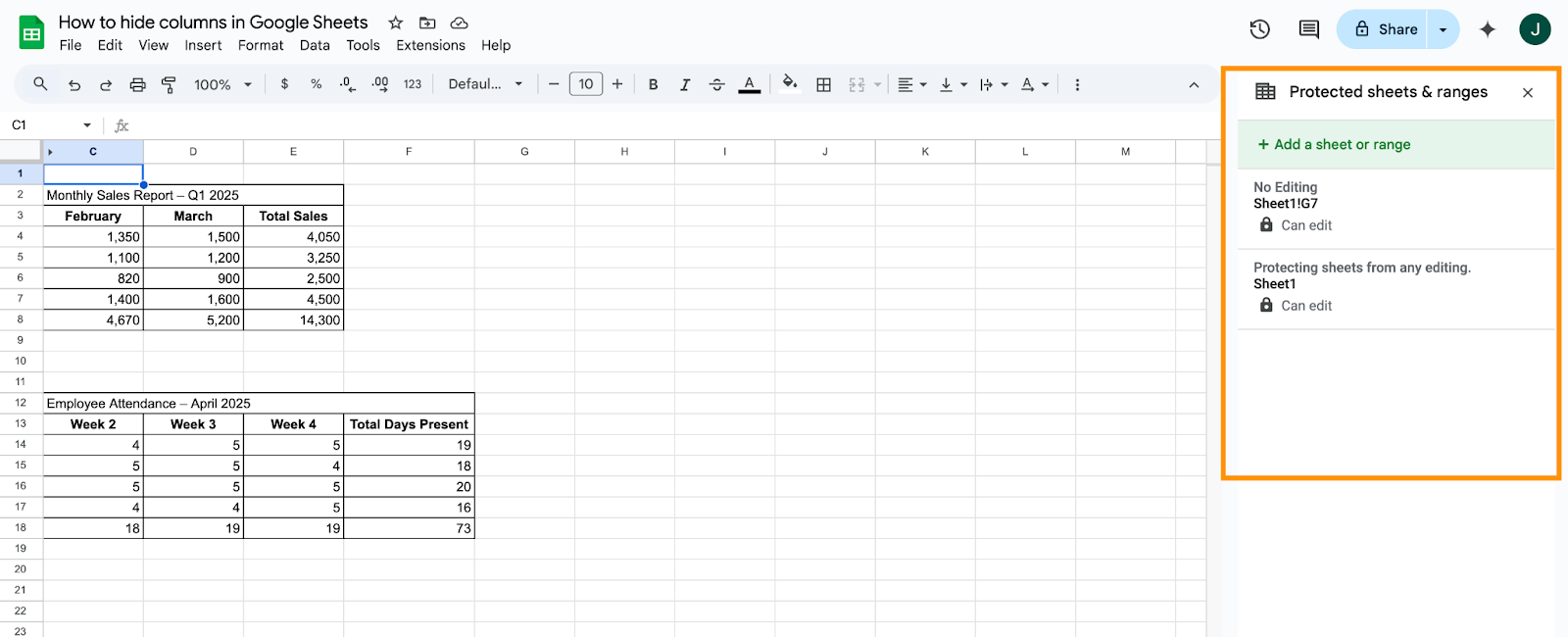 Displaying the range and the sheet to unlock on the Protected sheets & ranges window