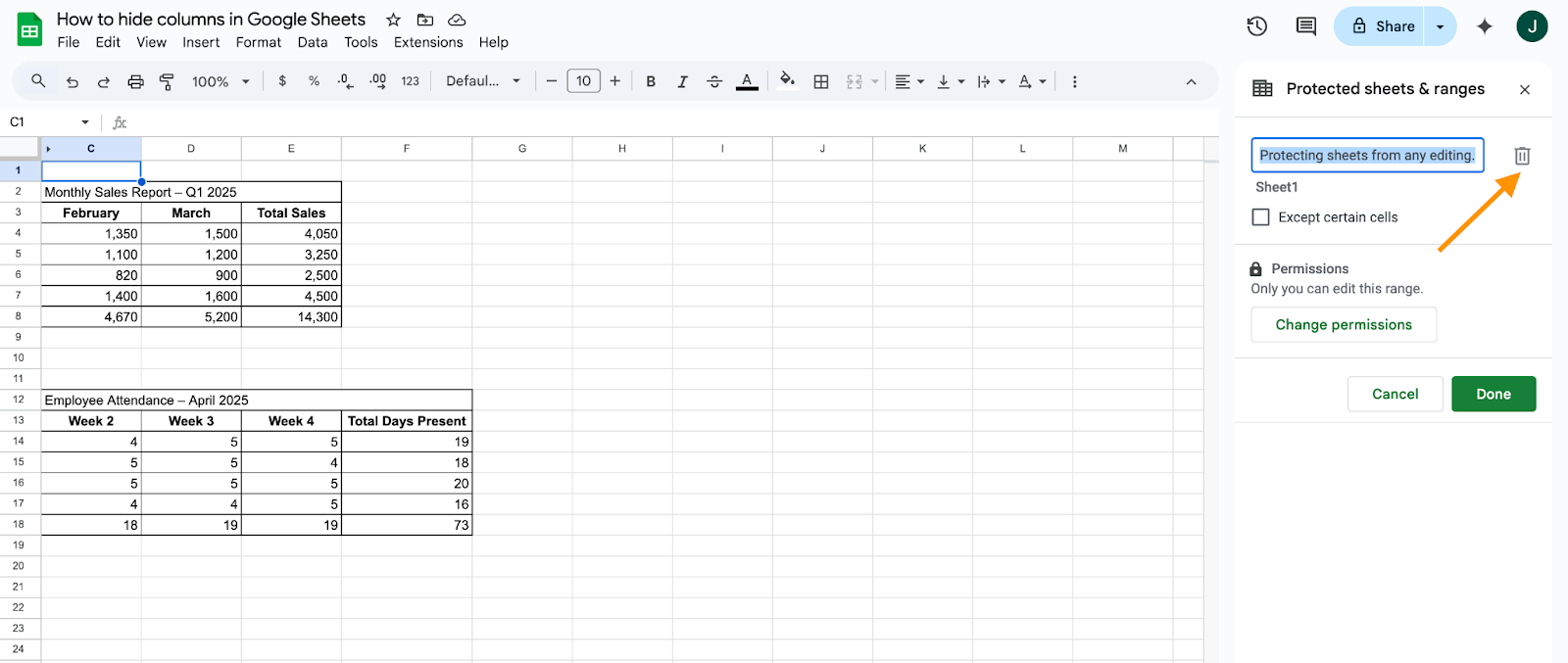 Clicking on the trash can icon on the Protected sheets & ranges window