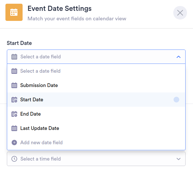 Selecting the Start Date column from the Start Date dropdown on the Event Date Settings window