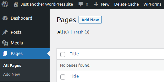Clicking on the Pages option on the right menu on WordPress