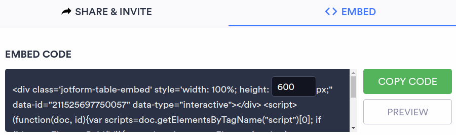 Switching to the Embed tab and clicking on Copy Code on Jotform Tables