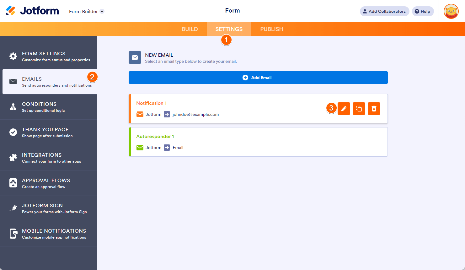 Emails section of the Jotform Form Builder showing a step to edit a notification email