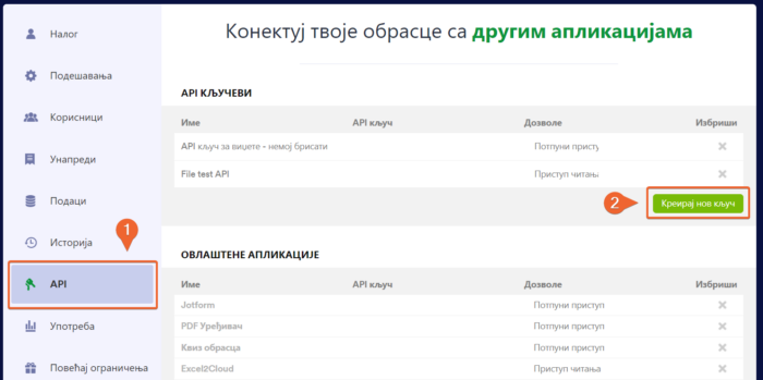 Креирање новог API кључа