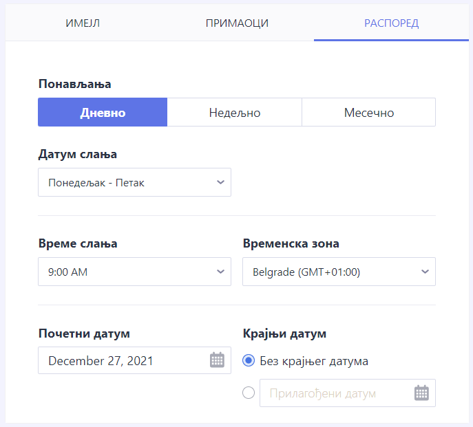 Распоред картица подсетник имејла