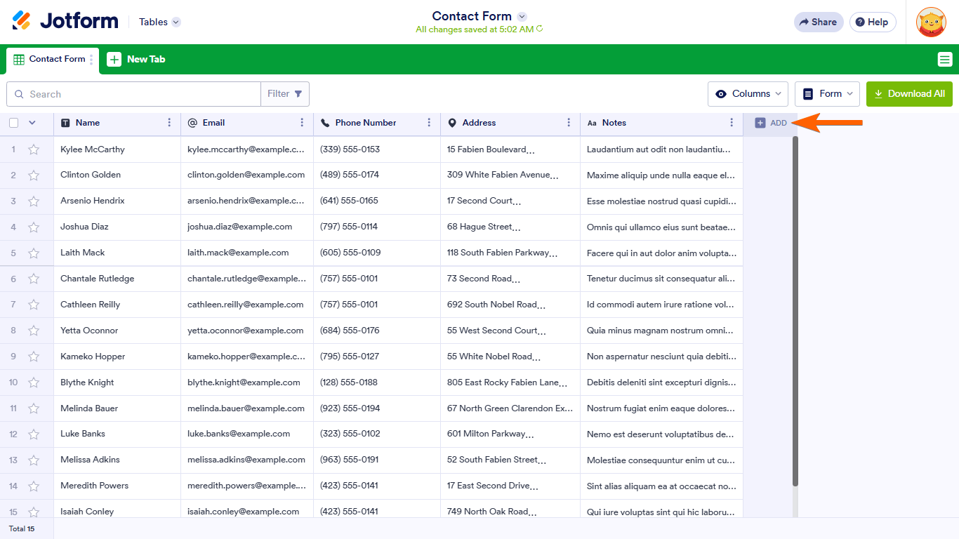 An Add Column button in Jotform Tables