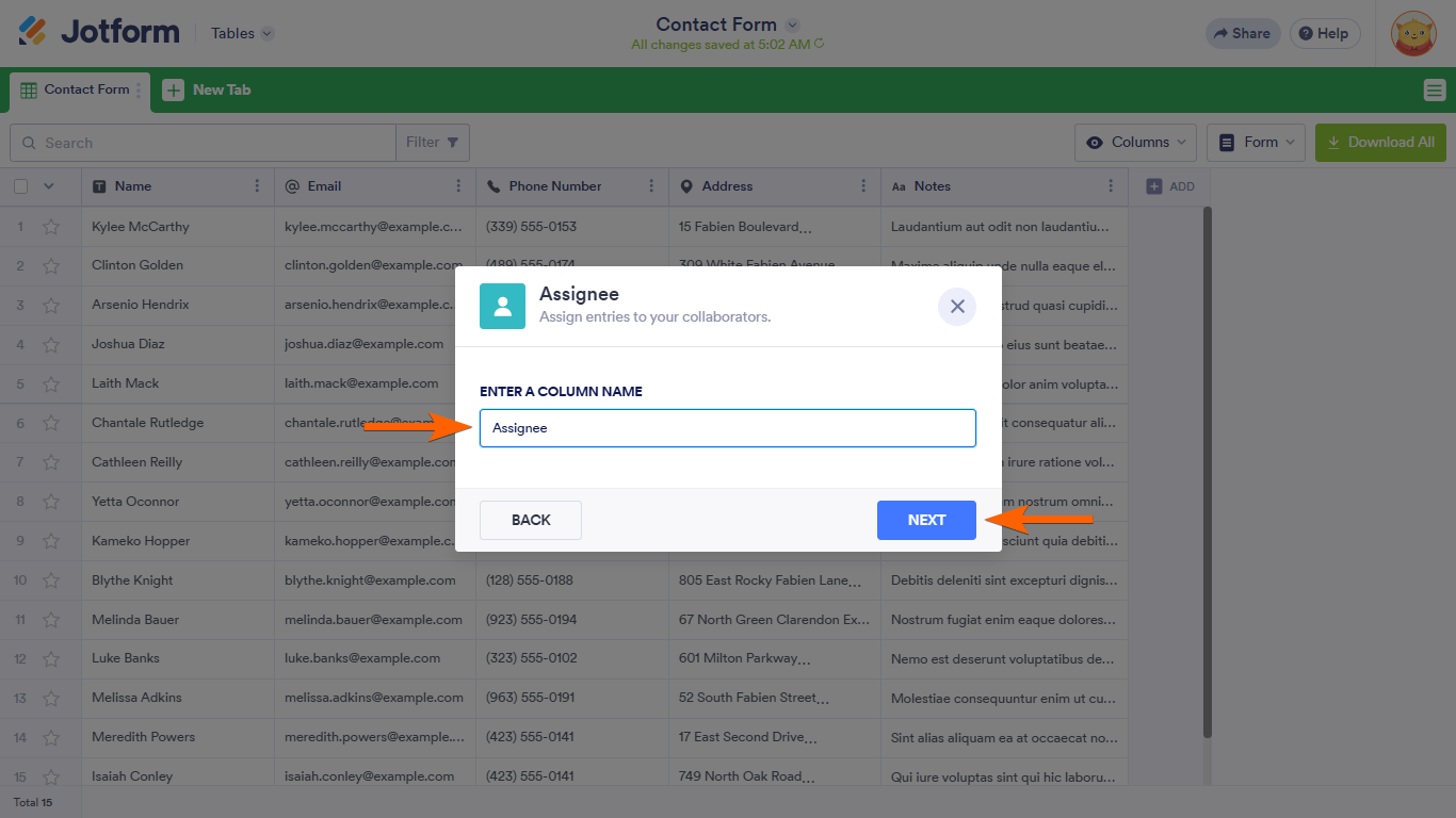 A Column Name field in a Jotform Tables Assignee dialog