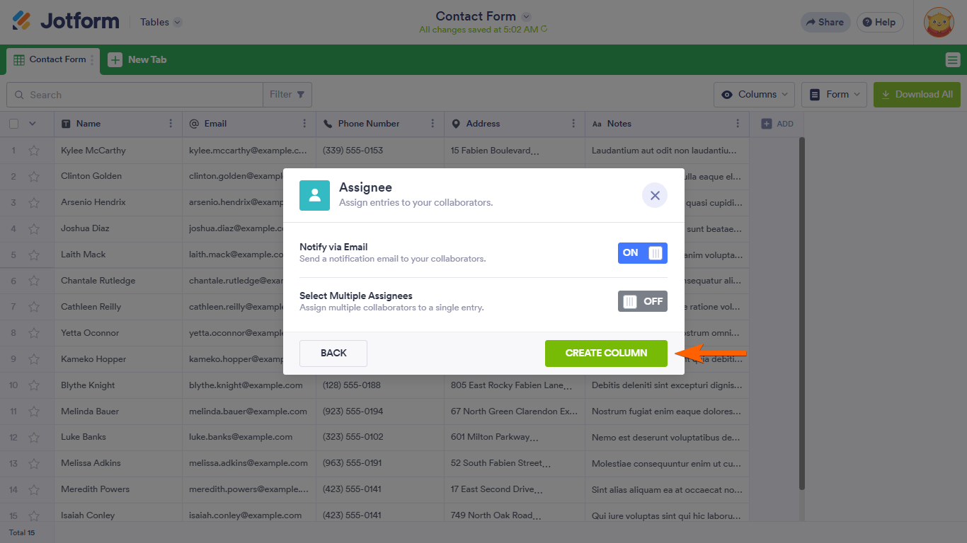 A Create Column button in a Jotform Tables Assignee dialog