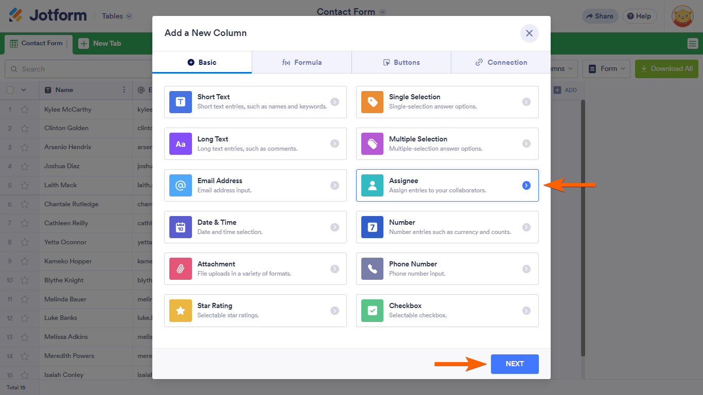 An Assignee option in a Jotform Tables Add a New Column dialog