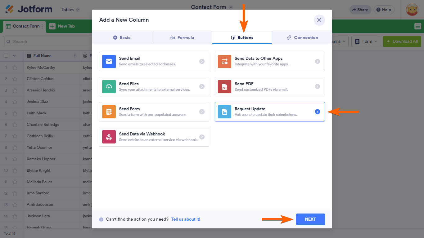 A Request Update option in a Jotform Tables Add Column dialog