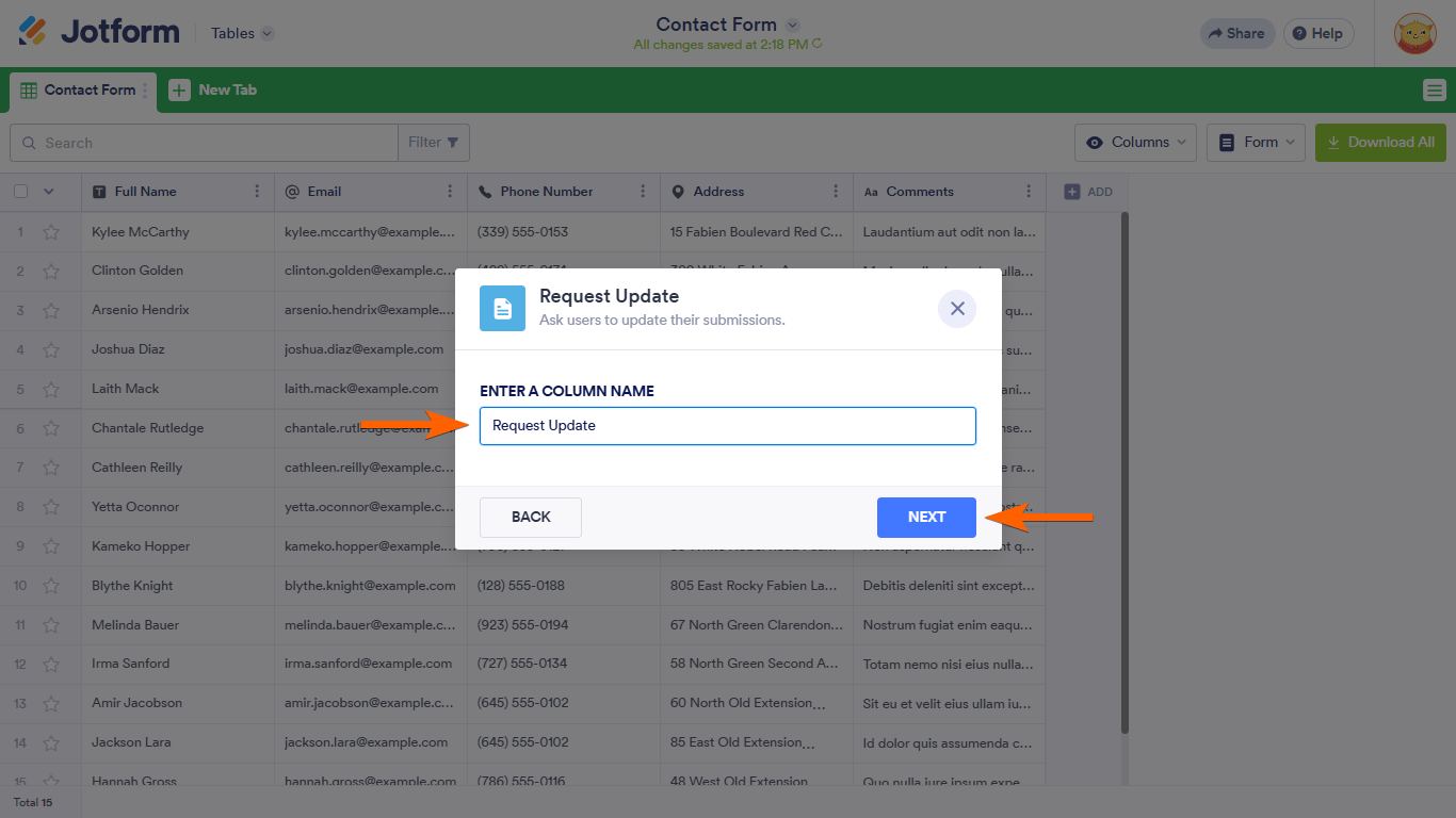 A Column Name field in a Jotform Tables Request Update dialog