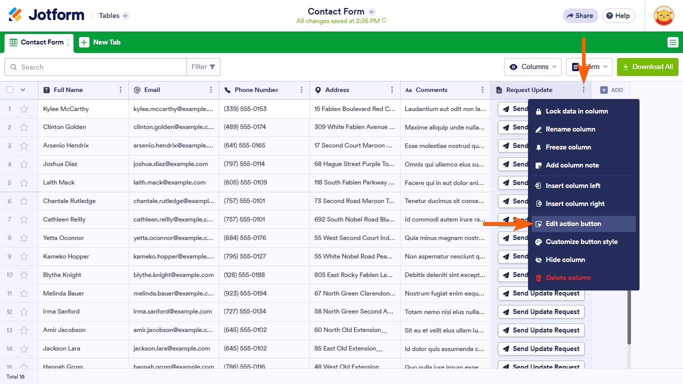 An Edit Action Button option in a Jotform Tables column menu