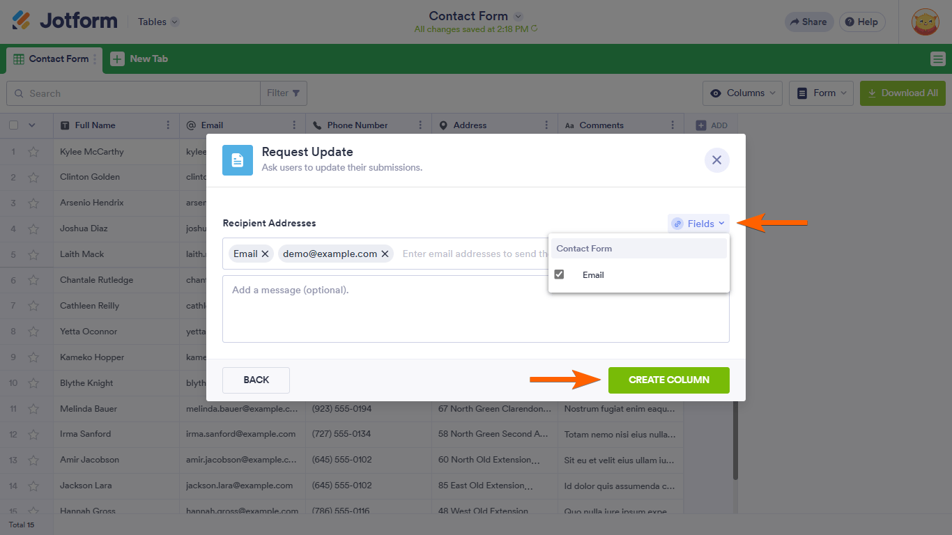 A Request Update configuration dialog in Jotform Tables